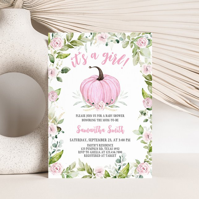Convite Chá de fraldas de Abóbora Floral Rosa (Greenery Pink Pumpkin Baby Shower Invitation)