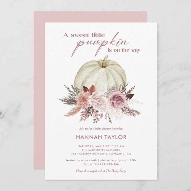 Convite Chá de fraldas de Abóbora Floral Rosa (Frente/Verso)