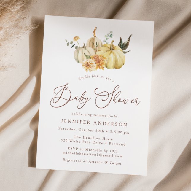 Convite Chá de fraldas de Abóbora Floral Russo de outono (Criador carregado)