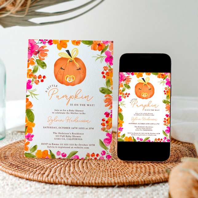 Convite Chá de fraldas de abóbora fofo de queda floral (Floral Fall cute little pumpkin baby shower Invitation)