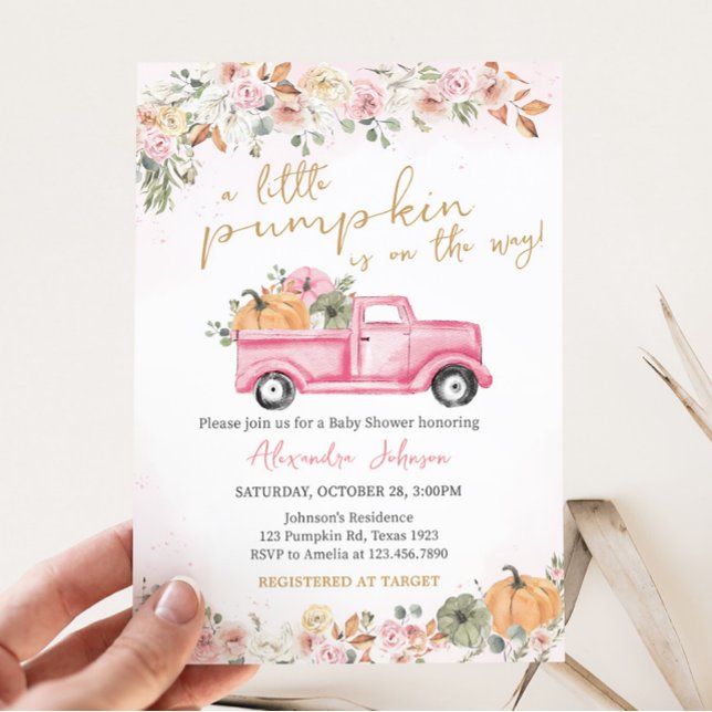 Convite Chá de fraldas de abóbora rosa (Pink Pumpkin Baby Shower Invitation)