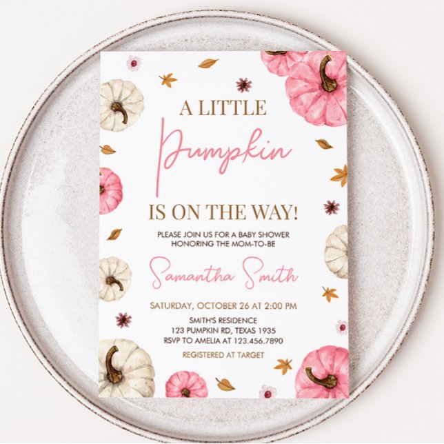 Convite Chá de fraldas de Abóbora Rosa (Girl Fall Pumpkin Baby Shower Invitation)