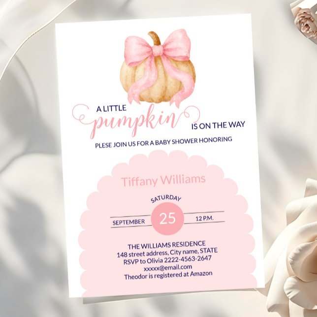 Convite Chá de fraldas de abóbora rosa arco minimalista (Fall Pumpkin Baby Shower Invitation with Pink Bows)