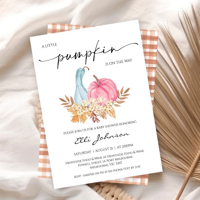 Convite Chá de fraldas de abóbora rosa azul de queda russa (Fall Little Pumpkin Baby Shower Invitation, Blue Pink Pumpkin Baby Shower Invite, Autumn Baby )