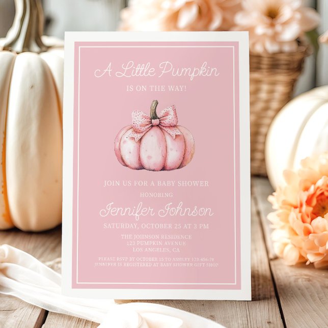 Convite Chá de fraldas de abóbora rosa-claro (Cute Pink Pumpkin Baby Shower Invitation)