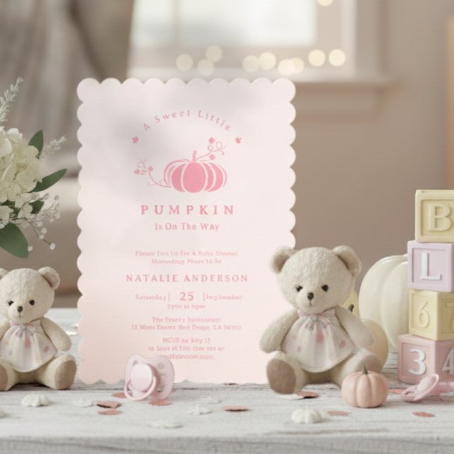 Convite Chá de fraldas de abóbora rosa e doce (Elegant Pink Sweet Little Pumpkin Baby Shower Invitation)