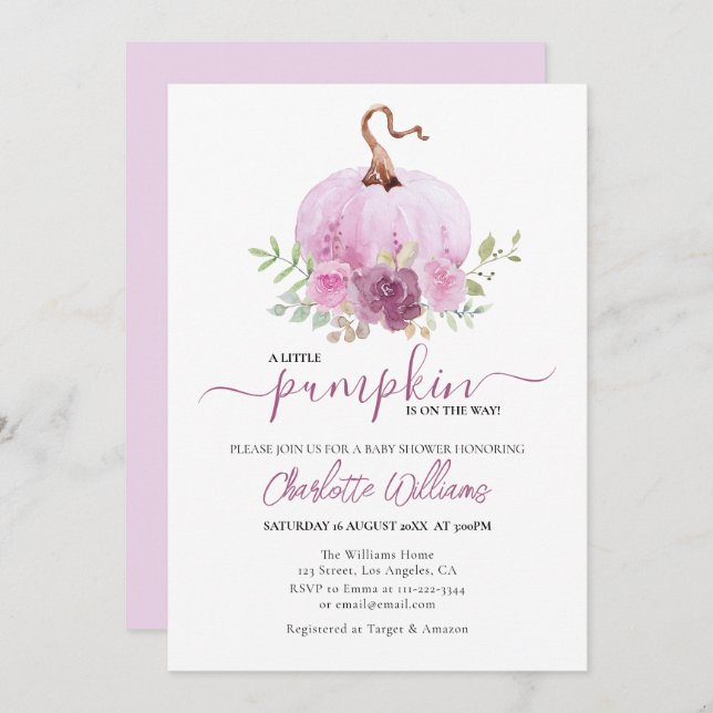 Convite Chá de fraldas de abóbora rosa pálido e poeirento (Frente/Verso)