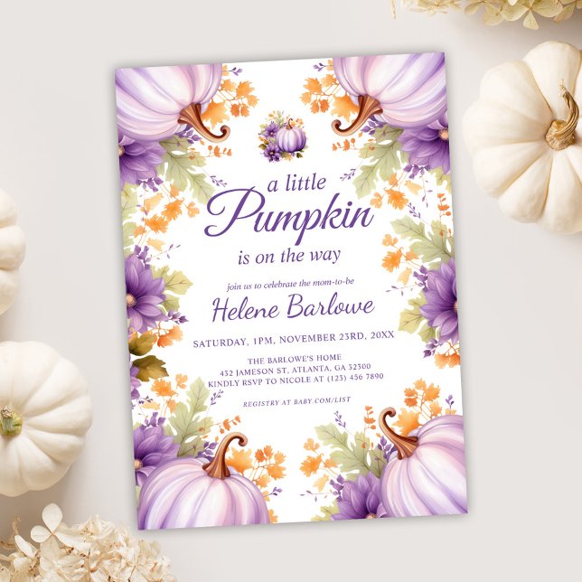 Convite Chá de fraldas de abóbora roxa (Cute Purple Little Pumpkin Baby Shower Invitation)