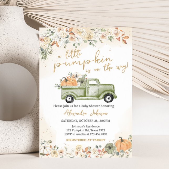 Convite Chá de fraldas de Abóbora Verde (Green Truck Pumpkin Baby Shower Invitation)