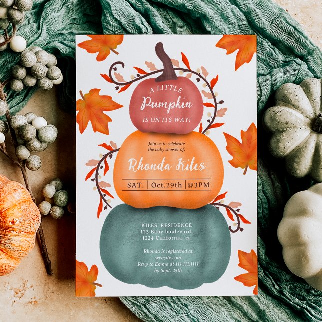 Convite Chá de fraldas de abóboras azuis laranja queda (Cute fall orange blue pumpkins baby shower invitation)