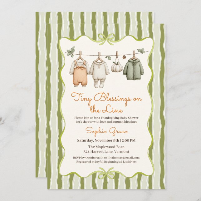 Convite Chá de fraldas de Ação de Graças | Cozy Clotheslin (Frente/Verso)