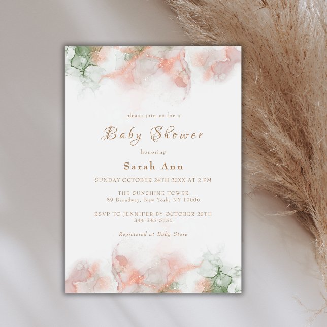 Convite Chá de fraldas de Agato de Boho Verde Elegante Mod (Modern Elegant Green Pink Boho Agate Baby Shower Invitation)