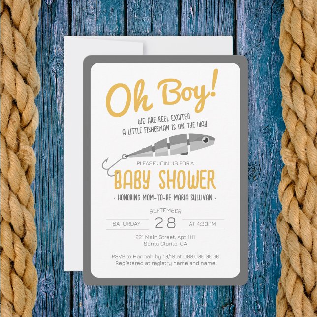 Convite Chá de fraldas De Ah Boy Excitado Por Pesca De Enr (Fishing Reel Excited Oh Boy Baby Shower Invitation
)