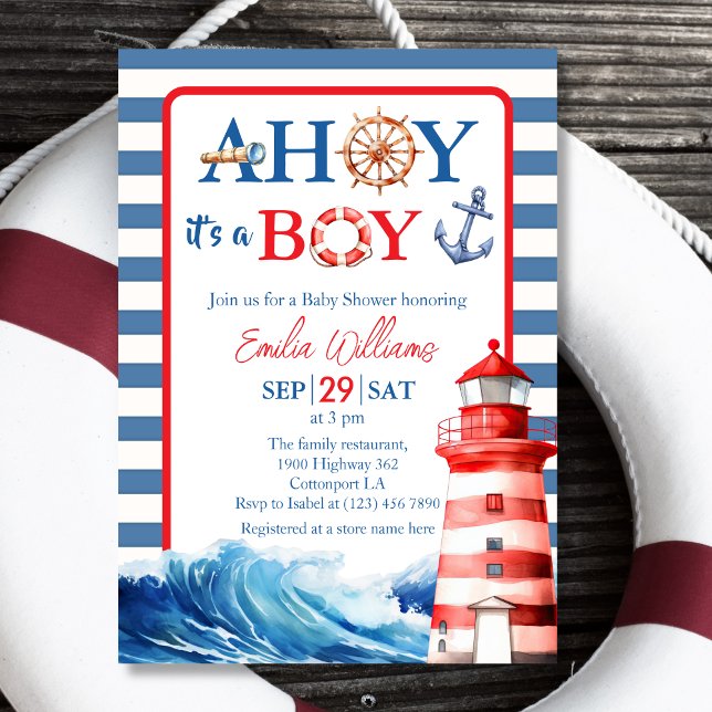 Convite Chá de fraldas de "Ahoy Boy" azul-náutico (Criador carregado)