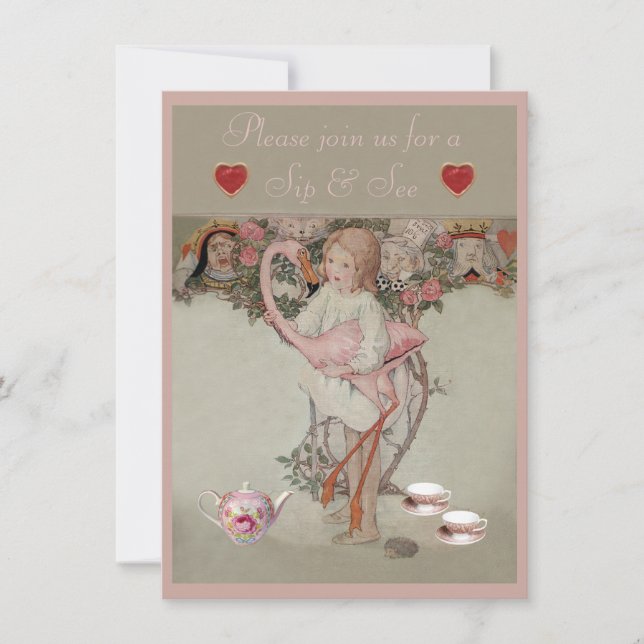 Convite Chá de fraldas de Alice & Pink Flamingo (Frente)