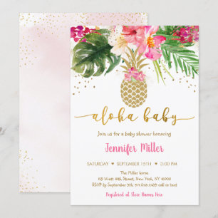Convite Chá de fraldas de Aloha Floral Dourado Pineapple