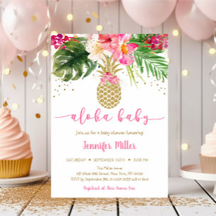 Convite Chá de fraldas de Aloha Floral Dourado Pineapple