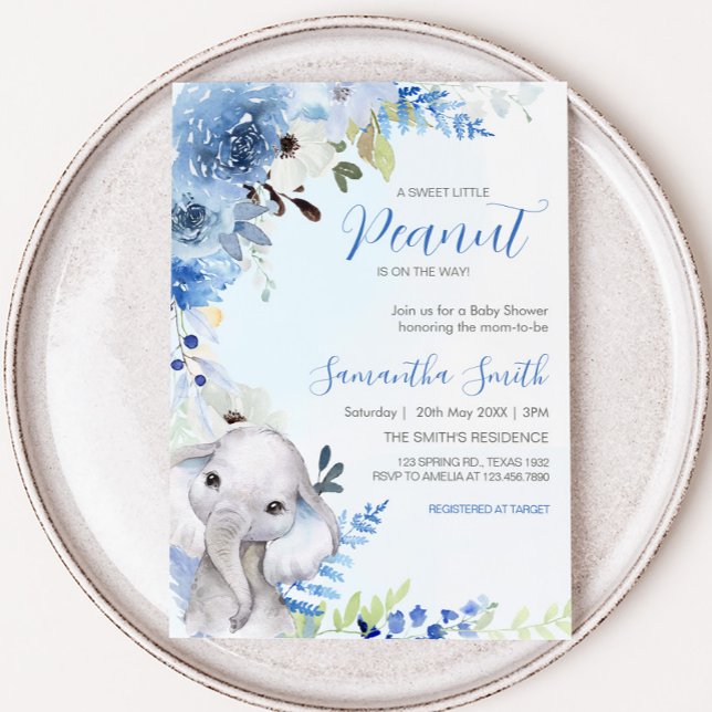 Convite Chá de fraldas de amendoim azul Floral (Blue Floral Elephant Spring Baby Shower Invitation
)