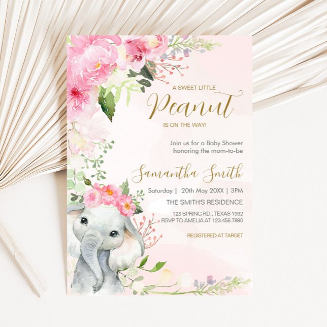 Convite Chá de fraldas de amendoim, cor-de-rosa, (Pink Floral Elephant Spring Baby Shower Invitation
)