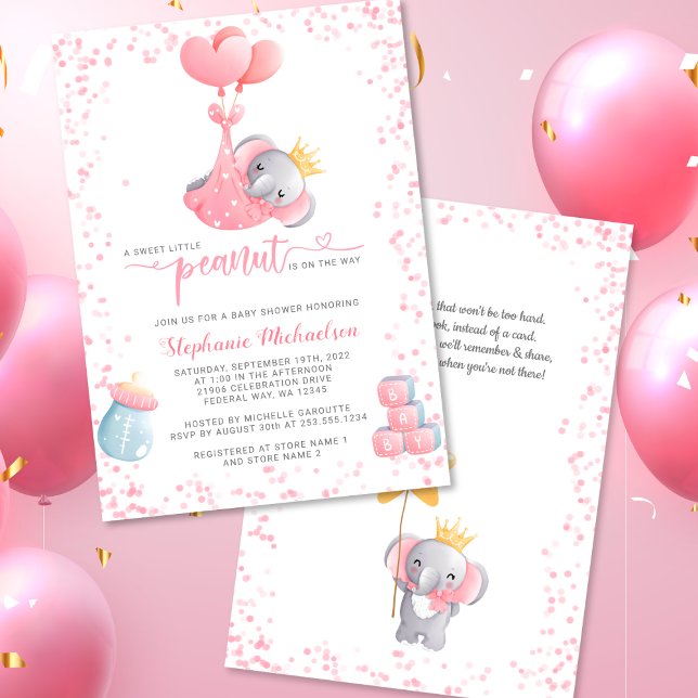 Convite Chá de fraldas de amendoim doce de elefante (Girl Elephant Sweet Little Peanut Baby Shower Invitation)