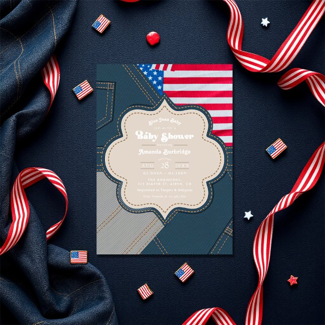 Convite Chá de fraldas de Americana Blue Jean Baby (Blue Jean Baby Americana Baby Shower Invitation)