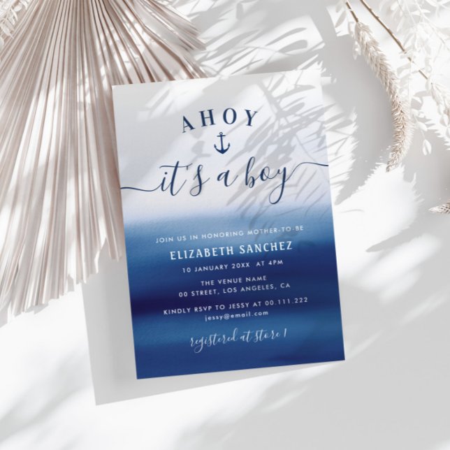 Convite chá de fraldas de âncora de aquarela azul (Criador carregado)