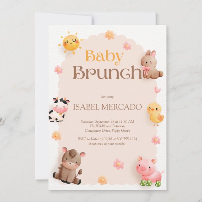 Convite Chá de fraldas De Animais Da Fazenda Baby Brunch (Frente)