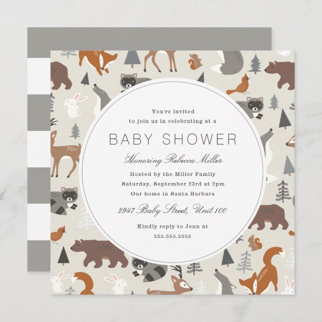Convite Chá de fraldas De Animais Da Floresta (Frente/Verso)