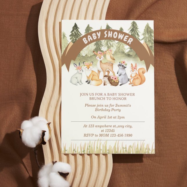 Convite Chá de fraldas de animais da floresta castanha e v (Brown and Green Woodland Animal Baby Shower Invitation)