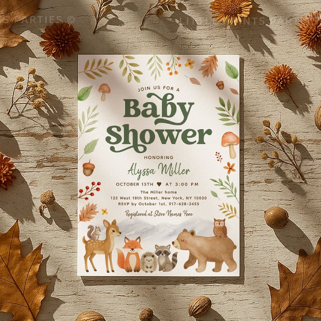 Convite Chá de fraldas De Animais Da Floresta Cuta Neutra  (Sweet woodland animal baby shower invitation in cozy autumn colors 🍁🦔🦊)