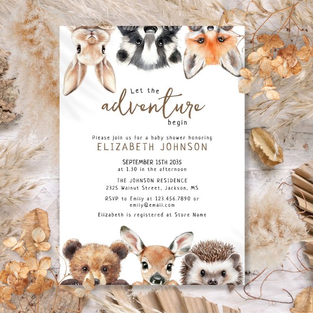 Convite Chá de fraldas de Animais da Floresta de Aventura  (Cute Adventure Forest Woodland Animals Baby Shower Invitation)