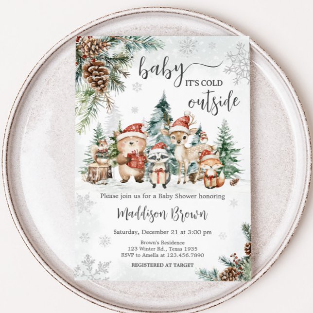 Convite Chá de fraldas de Animais da Floresta de inverno (Winter Woodland Forest Animals Baby Shower Invitation
)