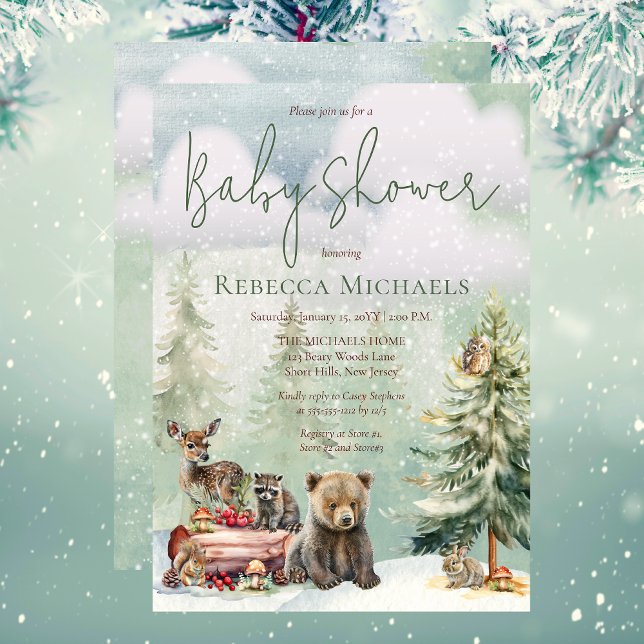 Convite Chá de fraldas de animais da floresta de inverno (Winter Woodland Forest Animals Baby Shower Invitation)