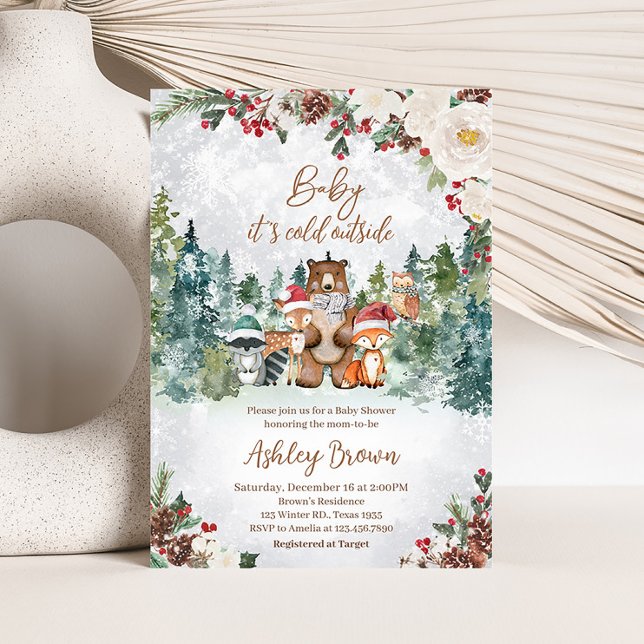 Convite Chá de fraldas de Animais da Floresta de inverno (Woodland Winter Baby Shower Invitation)