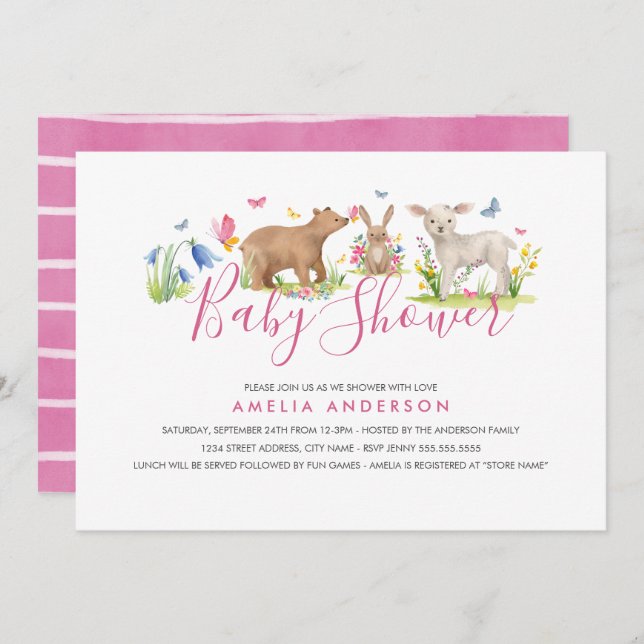 Convite Chá de fraldas de animais da floresta doce (Frente/Verso)