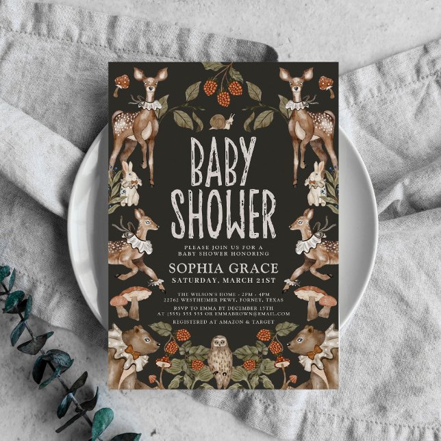 Convite Chá de fraldas de Animais da Floresta Escura Elega (Criador carregado)