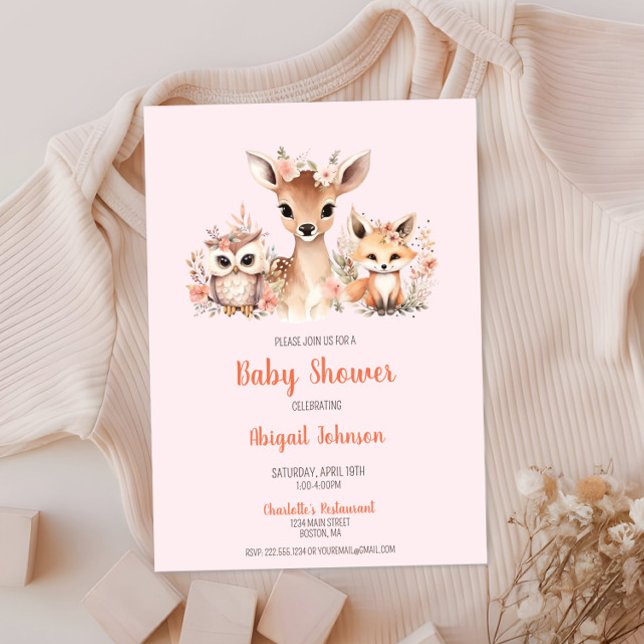 Convite Chá de fraldas de animais da Floresta Floral Rosa (Boho Blush Pink Floral Woodland Animal Baby Shower, Deer Owl Fox, Baby Girl Shower, Chic Modern)