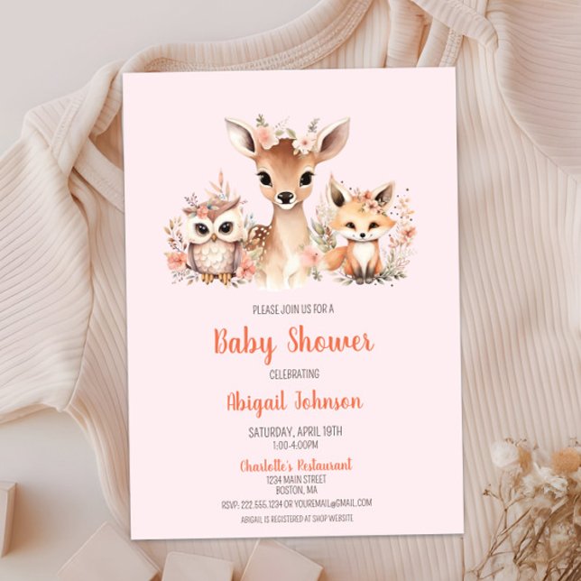 Convite Chá de fraldas de animais da Floresta Floral Rosa (Boho Blush Pink Floral Woodland Animal Baby Shower, Deer Owl Fox, Baby Girl Shower, Chic Modern)