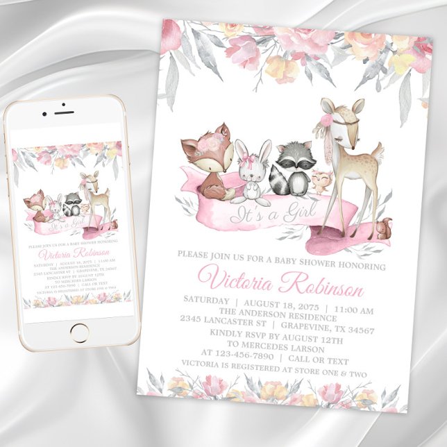 Convite Chá de fraldas de Animais da Floresta Menina (Girl sweet woodland baby shower invitations. Instant download and printed invitations available.)