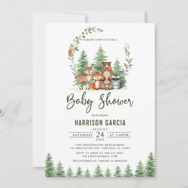 Convite Chá de fraldas de animais da floresta verde (Frente)