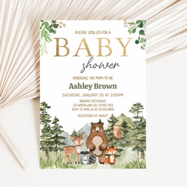 Convite Chá de fraldas de animais da floresta verde (Greenery Forest Animals Baby Shower Invitation )