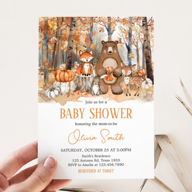 Convite Chá de fraldas De Animais Da Pumpkin (Fall Autumn Pumpkin Woodland Animals Baby Shower Invitation)