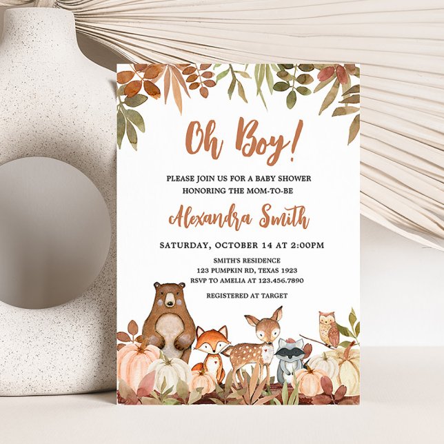 Convite Chá de fraldas De Animais Da Pumpkin Da Madeira (Pumpkin Woodland Animals Baby Shower Invitation)