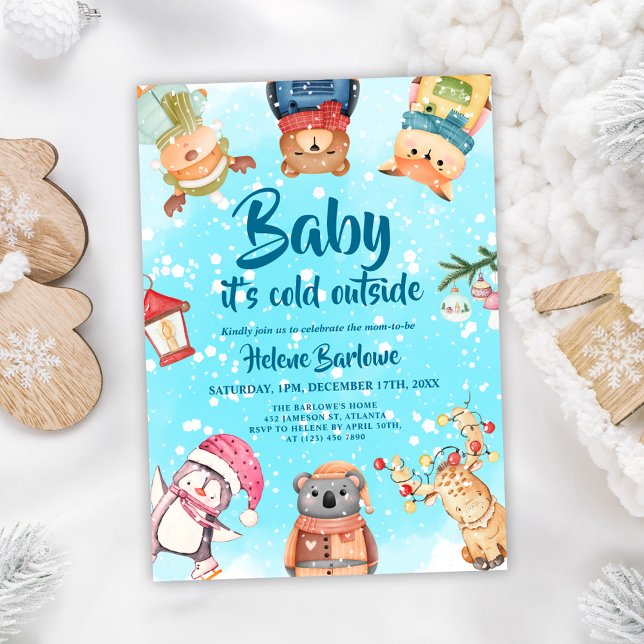 Convite Chá de fraldas de Animais de Floresta de Inverno,  (Playful Cute Winter Woodland Animals Baby Shower Invitation)