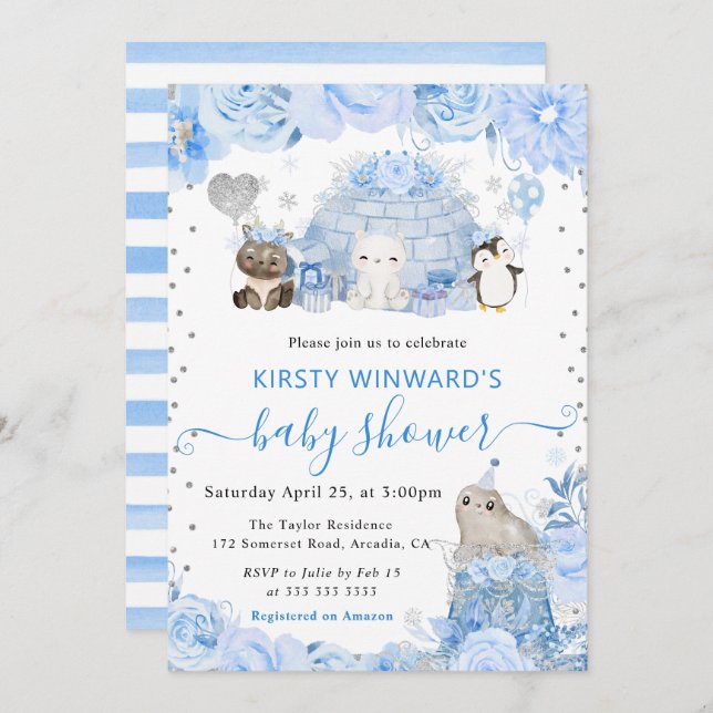 Convite Chá de fraldas de Animais do Ártico de Invernicult (Frente/Verso)