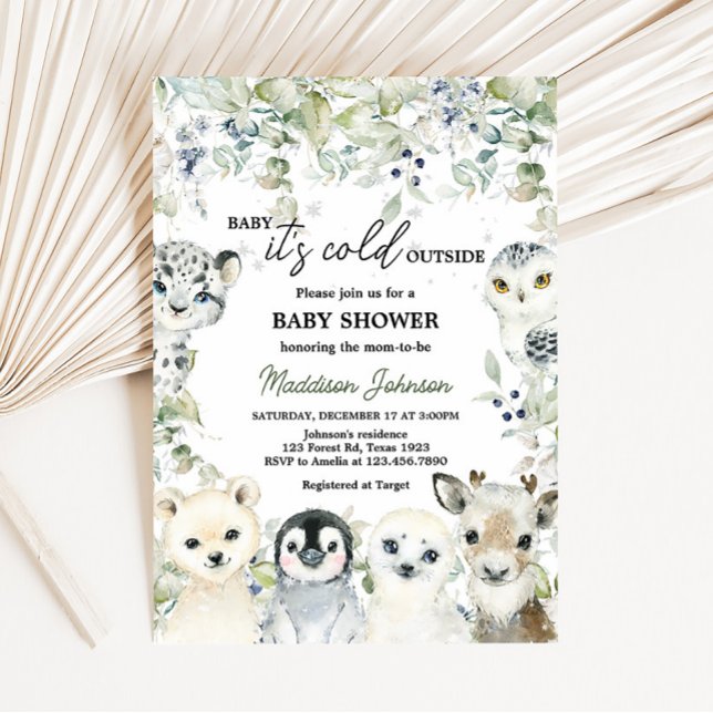 Convite Chá de fraldas De Animais Do Ártico Inverno (Greenery Artic Animals Baby Shower Invitation)