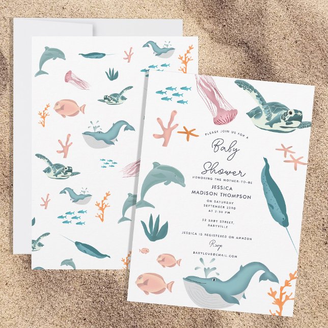 Convite Chá de fraldas de Animais do Mar do Oceano de Aqua (Watercolor Ocean Sea Animals Baby Shower Invitation)
