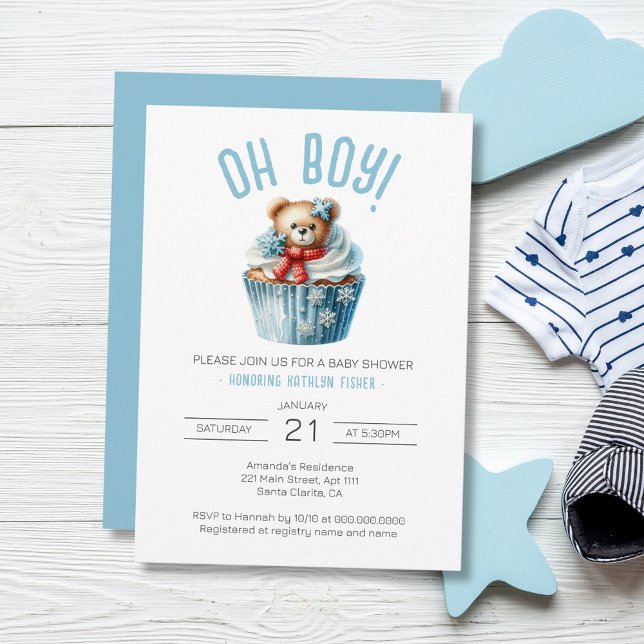Convite Chá de fraldas de Animais do Urso Azul (Oh Boy Blue Cupcake Bear Baby Shower Invitation)