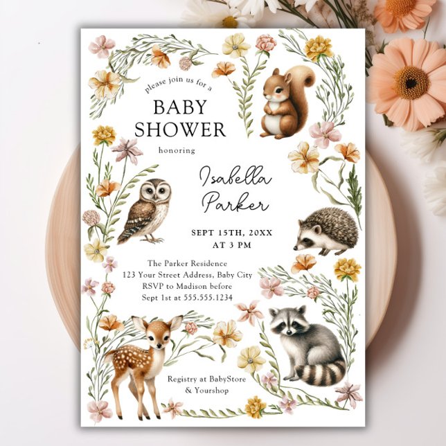 Convite Chá de fraldas de animais florestais (Woodland Forest Animals Baby Shower Invitation)