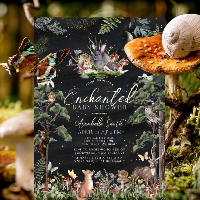 Convite Chá de fraldas de Animais Florestais Encantados (Enchanted Forest Woodland Animals Baby Shower Invitation)